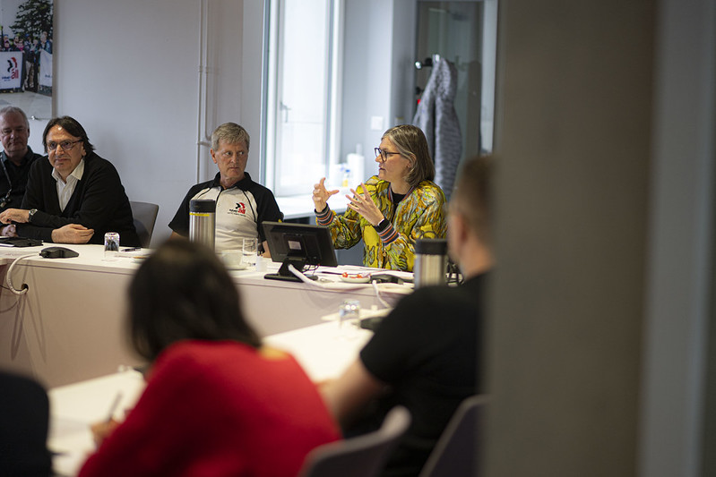 IndustriALL president Christiane Benner speaking at a meeting table during a visit to IndustriALL Global Union offices in Geneva, 25 March 2026