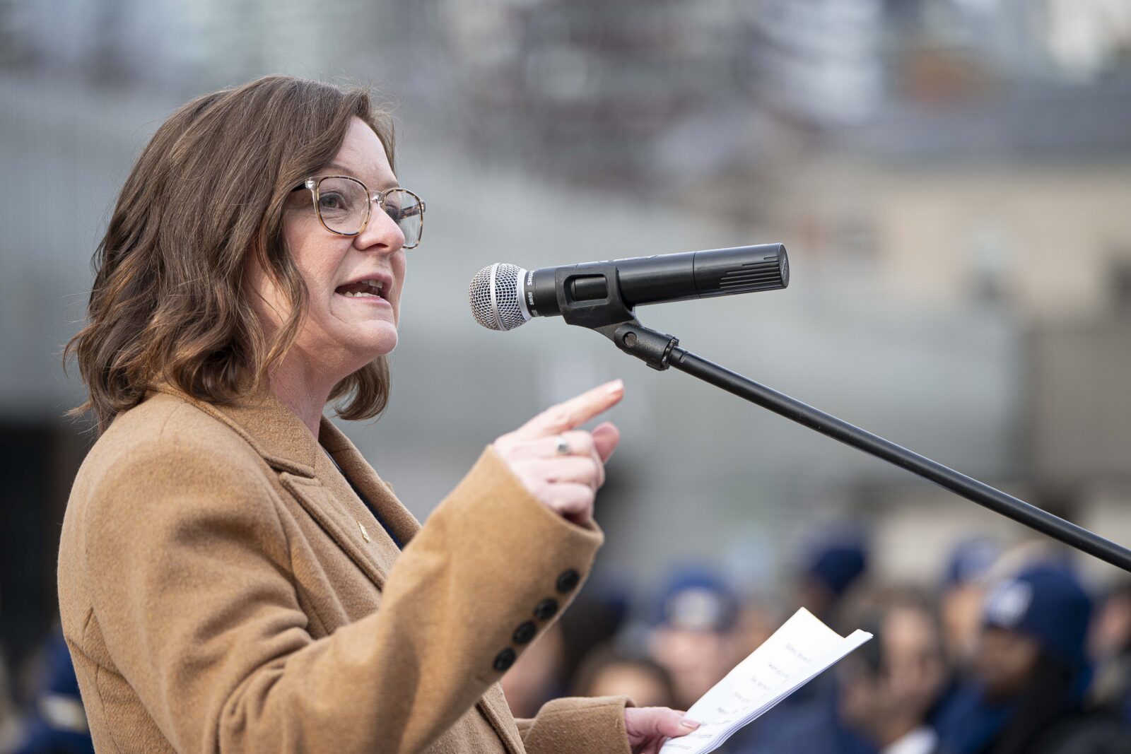 Amber Miller speaks at an outdoor rally at the USW Women of Steel Conference in Toronto, March 2026.
