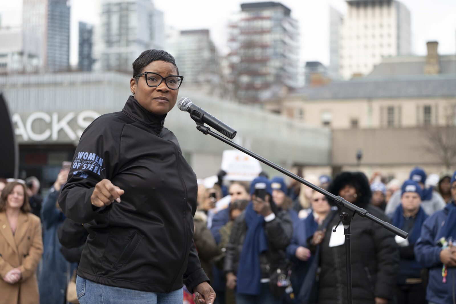 Roxanne Brown speaks at an outdoor rally at the USW Women of Steel Conference in Toronto, April 2026.