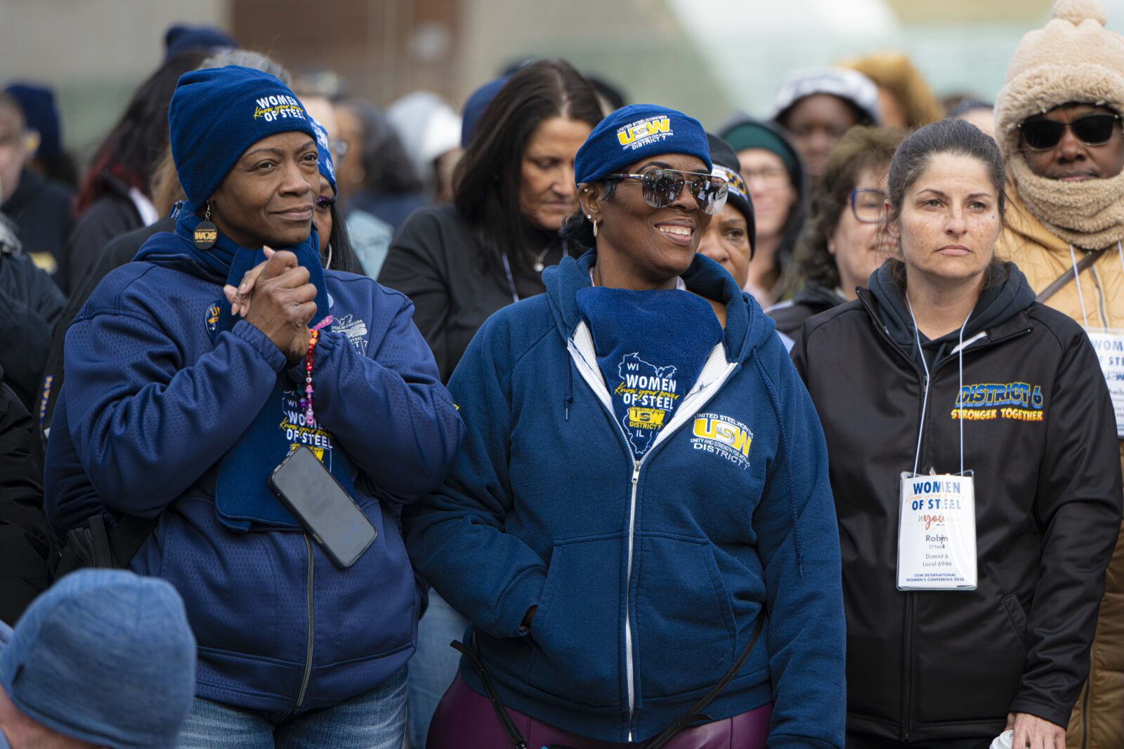 USW Women of Steel delegates in union clothing attend an outdoor rally in Toronto, April 2026