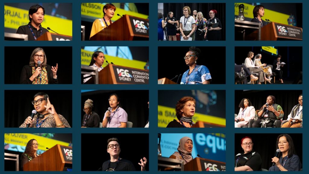Women trade union leaders speaking and leading at the IndustriALL Women's Conference, Sydney 2025 — gender transformation in action